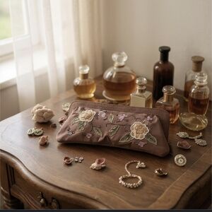 Avon Brown Satin Embroidered Sequin & Beaded Clutch/Evening Bag